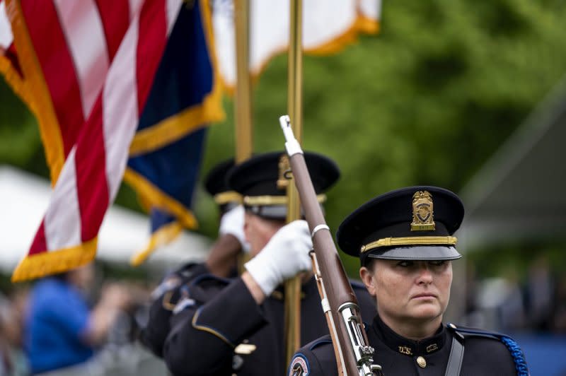 The U.S. Capitol color guard participates in the 43rd National Peace Officers' Memorial Service in Washington, DC on Wednesday. Attending with President Joe Biden were Attorney General Merrick Garland, Homeland Security Secretary Alejandro Mayorkas, Deputy Attorney General Lisa Monaco and FBI Director Christopher Wray. Photo by Bonnie Cash/UPI