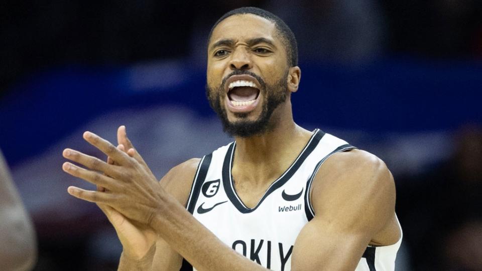 Apr 17, 2023; Philadelphia, Pennsylvania, USA; Brooklyn Nets forward Mikal Bridges (1) reacts against the Philadelphia 76ers during the third quarter in game two of the 2023 NBA playoffs at Wells Fargo Center.