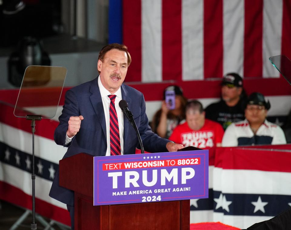 My Pillow founder Mike Lindell fires up Donald Trump supporters during a campaign rally on Wednesday, May 1, 2024 at the Waukesha County Expo Center in Waukesha, Wis.