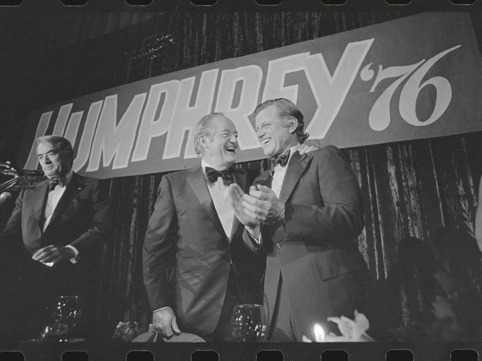 Sens. Hubert Humphrey and Ted Kennedy in 1976 at a fundraising dinner for Humphrey's 65th birthday.