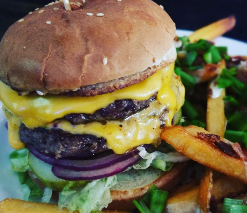 MVP Mac Double Cheeseburger at MVP - My Village Pub on Siesta Key in Sarasota.