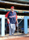 LOS ANGELES, CA - APRIL 28: Bryce Harper #34 of the Washington Nationals walks on to the field as he makes his major league debut during practice before the game against the Los Angeles Dodgers at Dodger Stadium on April 28, 2012 in Los Angeles, California. (Photo by Harry How/Getty Images)