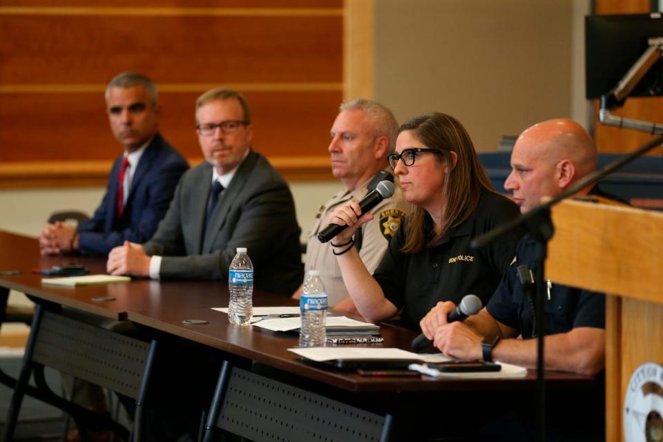Bend Police Department Communications Manager Shelia Miller answers questions, Monday, Aug. 29, 2022 at a media briefing to give updates on the shooting that happened at a Safeway on 28 August (AP)