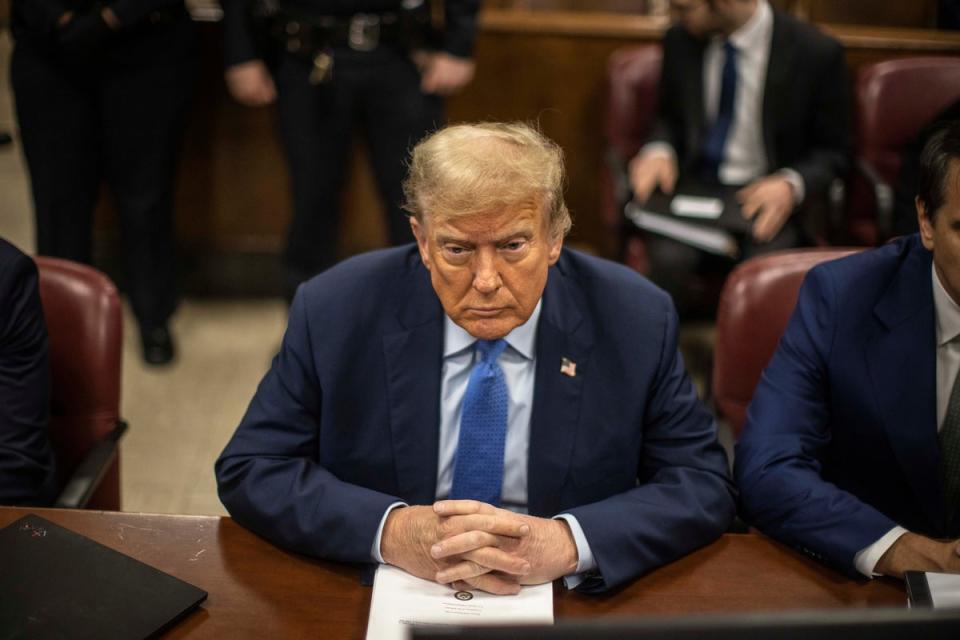 Mr Trump at the Manhattan criminal courthouse on 26 April 2024. He has pleaded not guilty and has denied any wrongdoing in the hush money case, the first-ever criminal trial of a US president (AP)