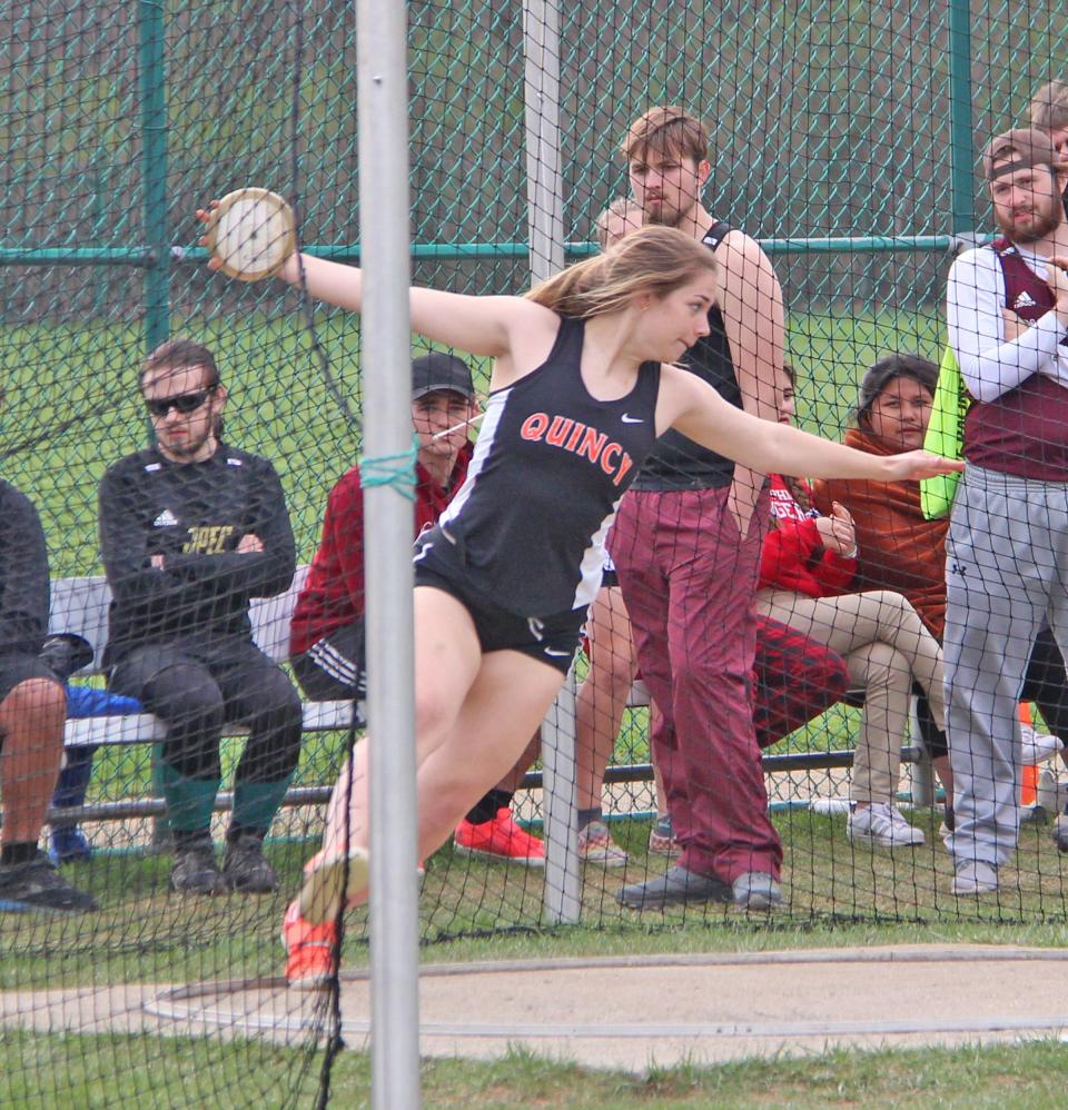 Quincy's Sophia Snellenberger, shown here in early season action, broke her own school record in the discus in the Orioles' double dual sweep Wednesday night