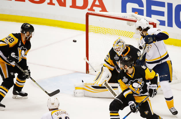 PITTSBURGH, PA – MAY 29: Matt Murray #30 of the Pittsburgh Penguins defends against Colton Sissons #10 of the Nashville Predators in Game One of the 2017 NHL Stanley Cup Final at PPG Paints Arena on May 29, 2017 in Pittsburgh, Pennsylvania. (Photo by Gregory Shamus/Getty Images)