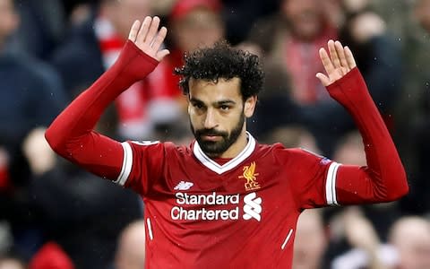 Mohamed Salah celebrates his first goal for Liverpool against his former club Roma discreetly - Credit: Action Images via Reuters/Carl Recine