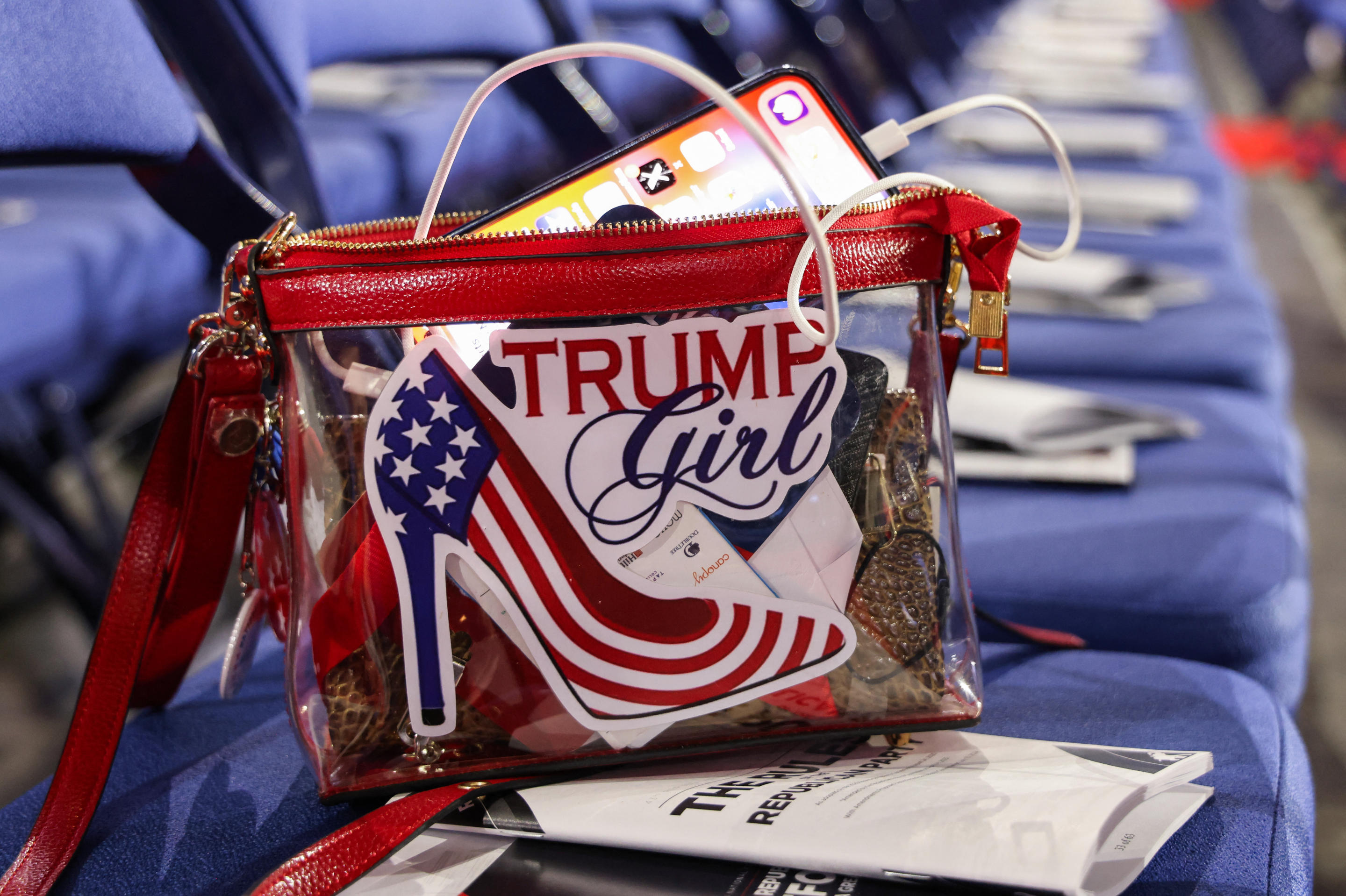 A purse sits on a chair at the Republican National Convention in Milwaukee on Monday. (Jeenah Moon/Reuters)