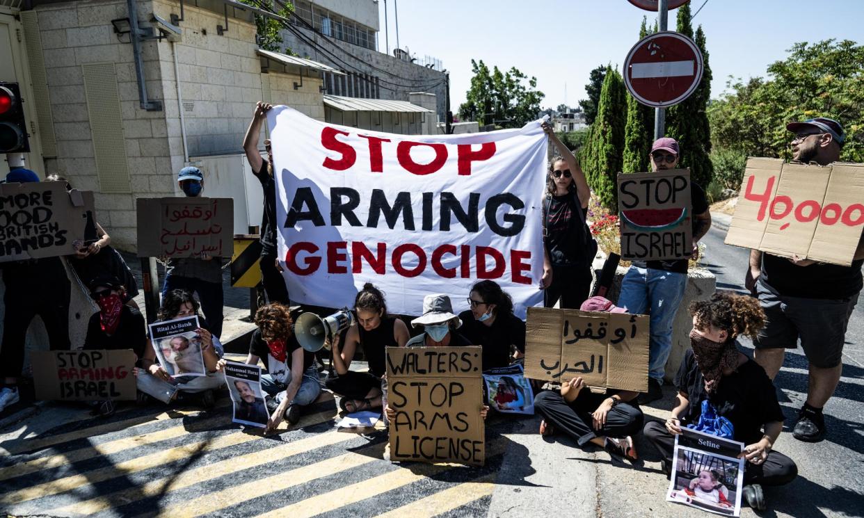 <span>Activists gather in front of the British consulate in East Jerusalem on Friday to protest against the UK’s continued sale of arms to Israel.</span><span>Photograph: Anadolu/Getty Images</span>