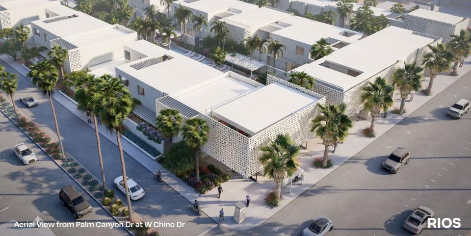 A rendering showing the aerial view of a mixed-used building planned for just north of downtown Palm Springs showing the view from the intersection of Palm Canyon Drive and Chino Drive.
