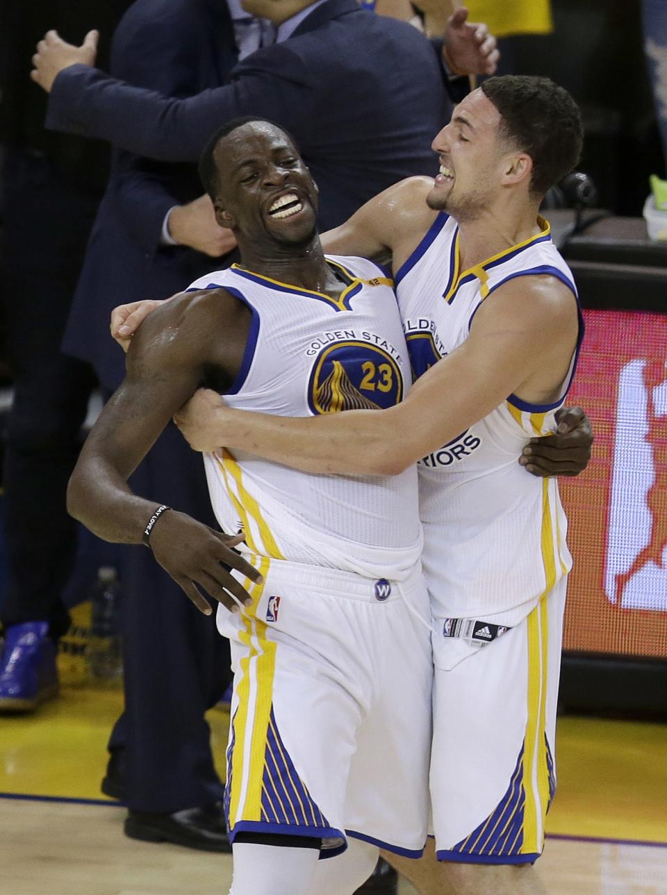 <p>Golden State Warriors forward Draymond Green (23) celebrates with guard Klay Thompson after Game 5 of basketball’s NBA Finals against the Cleveland Cavaliers in Oakland, Calif., Monday, June 12, 2017. The Warriors won 129-120 to win the NBA championship. (AP Photo/Ben Margot) </p>