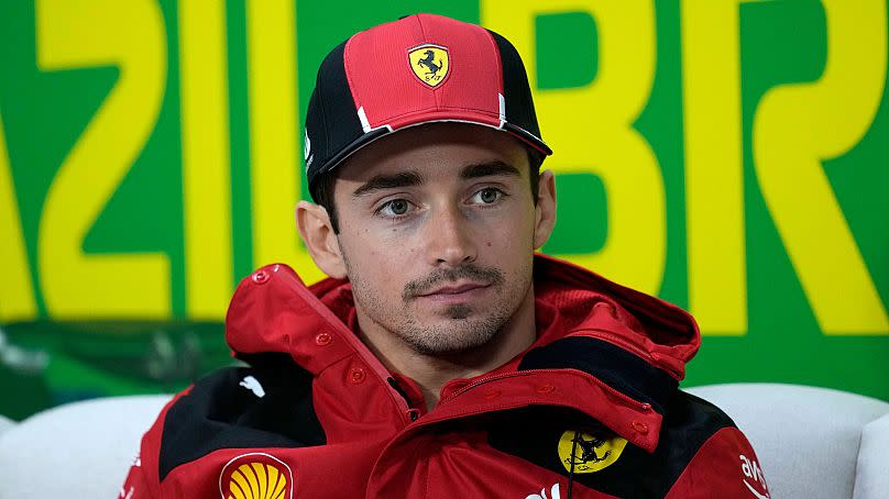 Ferrari driver Charles Leclerc, of Monaco, attends a press conference ahead of the Formula One Brazilian Grand Prix at the Interlagos race track in Sao Paulo, Brazil.