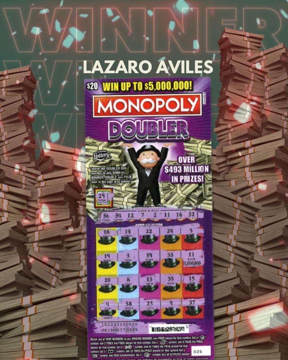 Lazaro Aviles, 36, of DeLand, claimed a $1 million prize from the $20 Monopoly Doubler, Florida Lottery scratch-off game, the Lottery announced on Monday, March 20, 2023.