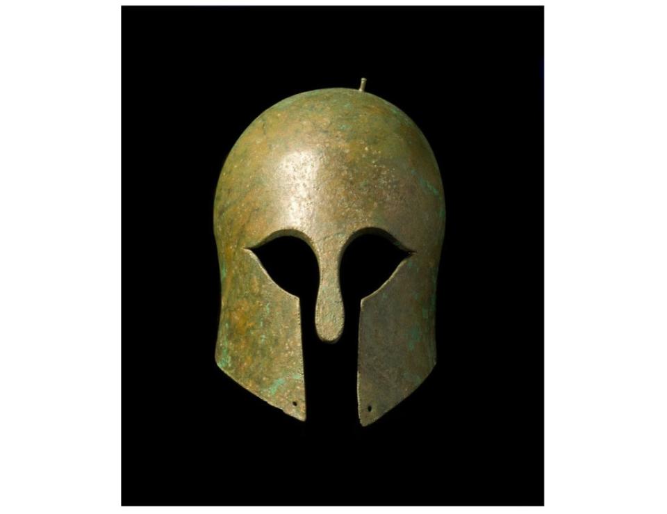 Greek Corinthian Helmet, c. 550-500 B.C. Bronze.