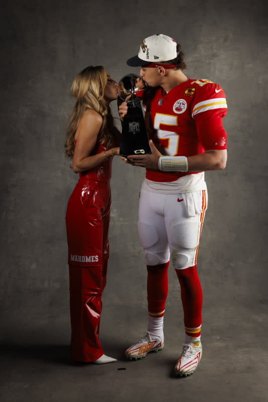 LAS VEGAS, NEVADA - FEBRUARY 11: Patrick Mahomes #15 (R) of the Kansas City Chiefs and Brittany Mahomes pose for a portrait with the Vince Lombardi Trophy after Super Bowl LVIII against the San Francisco 49ers at Allegiant Stadium on February 11, 2024 in Las Vegas, Nevada. (Photo by Ryan Kang/Getty Images)<p>Ryan Kang/Getty Images</p>