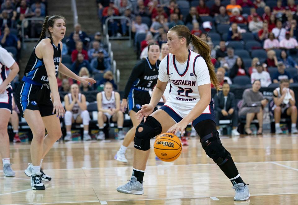 Southern Indiana’s Meredith Raley (22) drives as the University of Southern Indiana Screaming Eagles play the Eastern Illinois Panthers during the semifinal round of the 2024 Ohio Valley Conference Women’s Basketball tournament at Ford Center in Evansville, Ind., Friday, March 8, 2024.