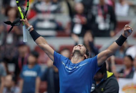 Tennis - China Open - Men's Singles Quarterfinals - Beijing, China - October 6, 2017 - Rafael Nadal of Spain celebrates his win against John Isner of the U.S.. REUTERS/Jason Lee