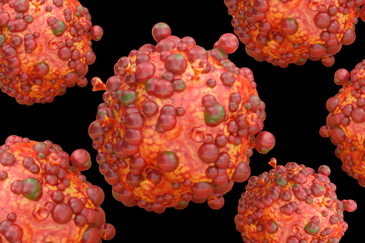 A computer-generated image of monkeypox viruses. 