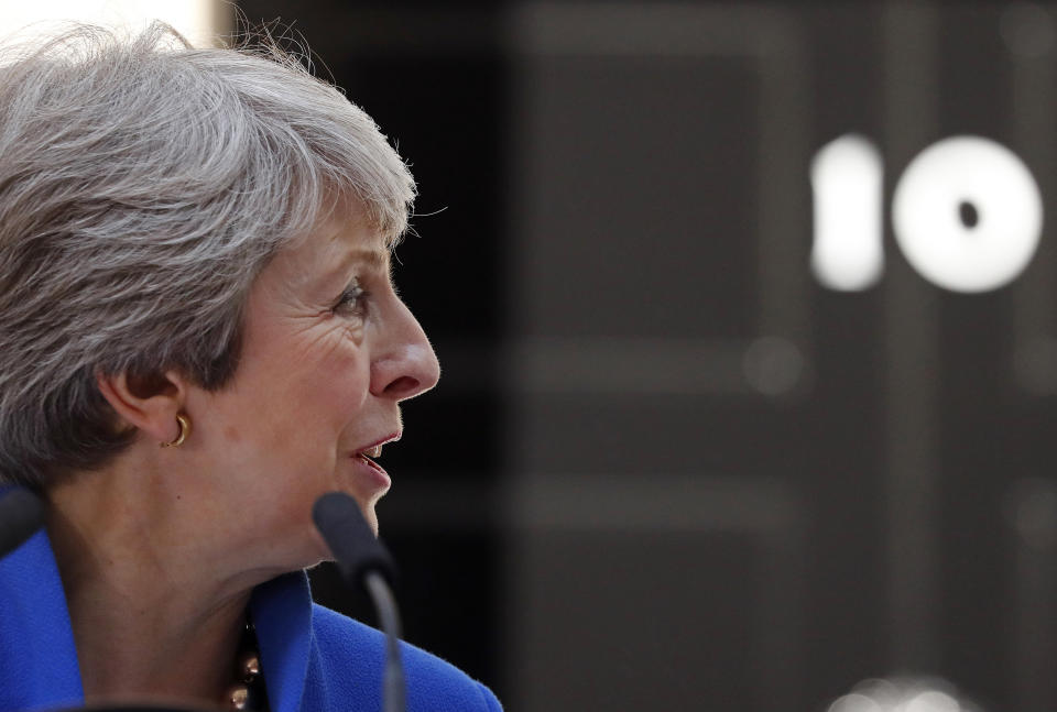 FILE - Britain's then-Prime Minister Theresa May looks around as she speaks outside 10 Downing Street, London before leaving for Buckingham Palace where she will hand her resignation to Queen Elizabeth II, Wednesday, July 24, 2019. Former British Prime Minister Theresa May announced Friday, March 8, 2024, that she will quit as a lawmaker when an election is called this year, ending a 27-year parliamentary career that included three years as the nation’s leader during a period roiled by Brexit. (AP Photo/Frank Augstein, File)