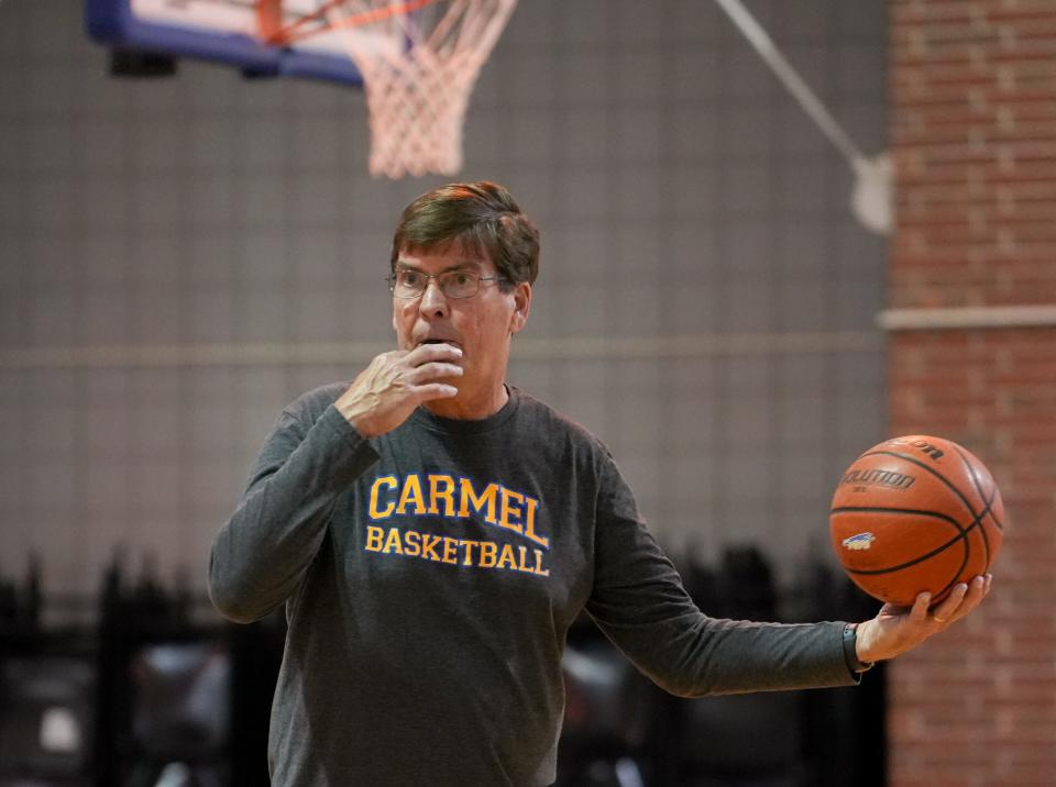 Carmel basketball assistant coach Walt Morris refs a game during Carmel Pups tryouts Tuesday, Sept. 19, 2023, at Carmel High School in Carmel. Morris nearly lost his life to an aortic dissection last year and is now spreading the word about the dangerous cardiovascular condition.