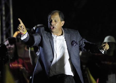 Luis Guillermo Solis, presidential candidate of the Citizens' Action Party (PAC), delivers a speech during a rally after the official election results were released in San Jose April 6, 2014. REUTERS/Juan Carlos Ulate