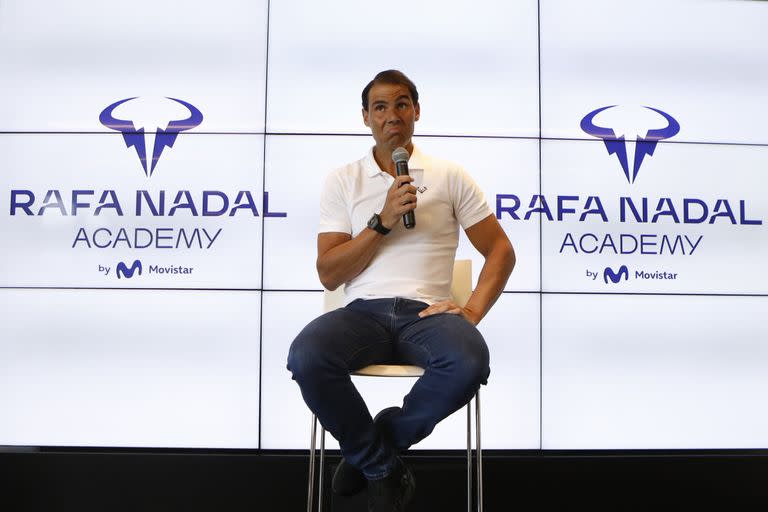 Spain's Rafael Nadal speaks during a press conference at his tennis academy in Manacor, Mallorca, Spain, Thursday May 18, 2023. Nadal said he need to stop playing for a while after been sidelined by an injured left hip flexor since January. (AP Photo/Francisco Ubilla)