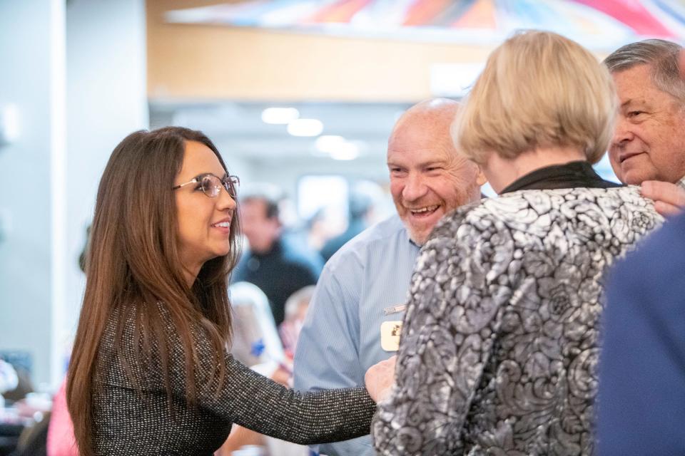 Congresswoman Lauren Boebert speaks to guests during the Mt. Carmel Veterans Service Center Salute to Heroes event at Pueblo Community College on Thursday, Jan. 19, 2023.