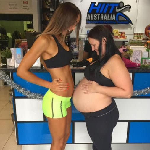 Pregnant Aussie fitness trainer Chontel and her friend Nat were due four weeks apart in this pic. Photo: Instagram/chontelduncan