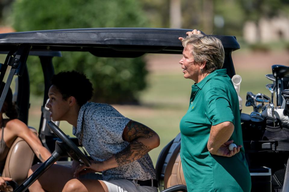 Mercury player Brittney Griner, left, and Ann Meyers Drysdale, Suns and Mercury sportscaster, right, attend the 12th annual Jerry Colangelo Basketball Hall of Fame Golf Classic at the Wigwam Golf Club in Litchfield Park, Ariz., on September 29, 2023.