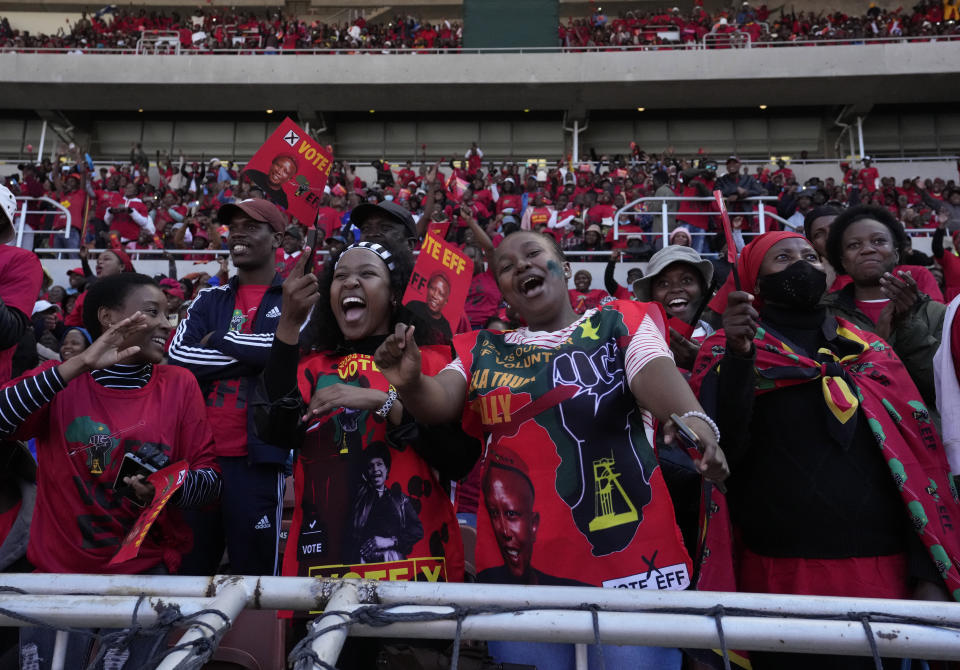 Supporters of the Economic Freedom Fighters (EFF) attend a final election rally in Polokwane, South Africa, Saturday, May 25, 2024. South African will vote in the 2024 general elections May 29. (AP Photo/Themba Hadebe)