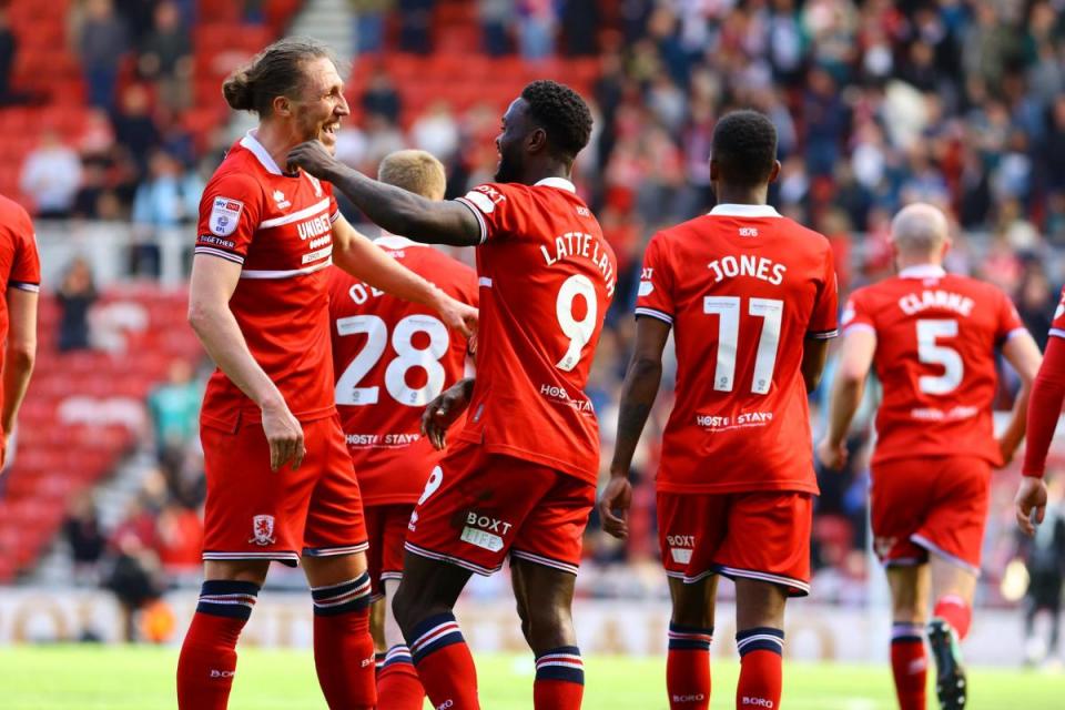 Emmanuel Latte Lath celebrates with his Middlesbrough teammates against Swansea <i>(Image: Tom Banks)</i>