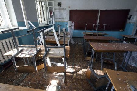 A view of a classroom of school No. 57 damaged by recent shelling in Donetsk, eastern Ukraine, October 1, 2014. REUTERS/Shamil Zhumatov