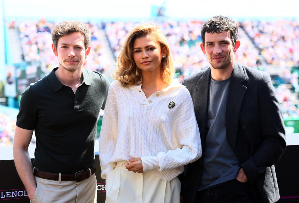 Los actores Zendaya, Josh O'Connor y Mike Faist aparecen durante la presentación de la película Challengers, en Monte Carlo Country Club, Roquebrune-Cap-Martin, Francia - 13 de abril de 2024 (REUTERS/Denis Balibouse)