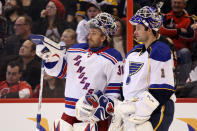 OTTAWA, ON - JANUARY 28: Team Alfredsson's Henrik Lundqvist #30 of the New York Rangers talks with Goalie Brian Elliott #1 of the St. Louis Blues during Tim Hortons NHL Elimination Shoot Out part of the 2012 Molson Canadian NHL All-Star Skills Competition at Scotiabank Place on January 28, 2012 in Ottawa, Ontario, Canada. (Photo by Christian Petersen/Getty Images)