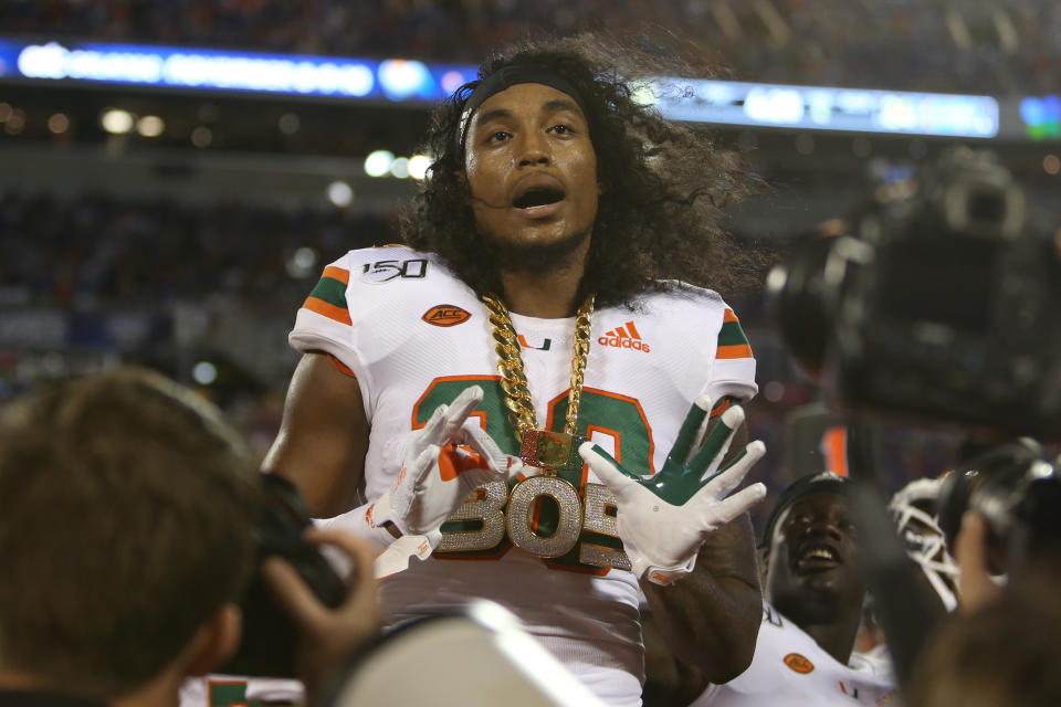 ORLANDO, FL - AUGUST 24: Miami Hurricanes linebacker Romeo Finley (30) shows off the turnover chain during the game between the Miami Hurricanes and the Florida Gators on August 24, 2019 at Camping World Stadium in Orlando, Fl. (Photo by David Rosenblum/Icon Sportswire via Getty Images)