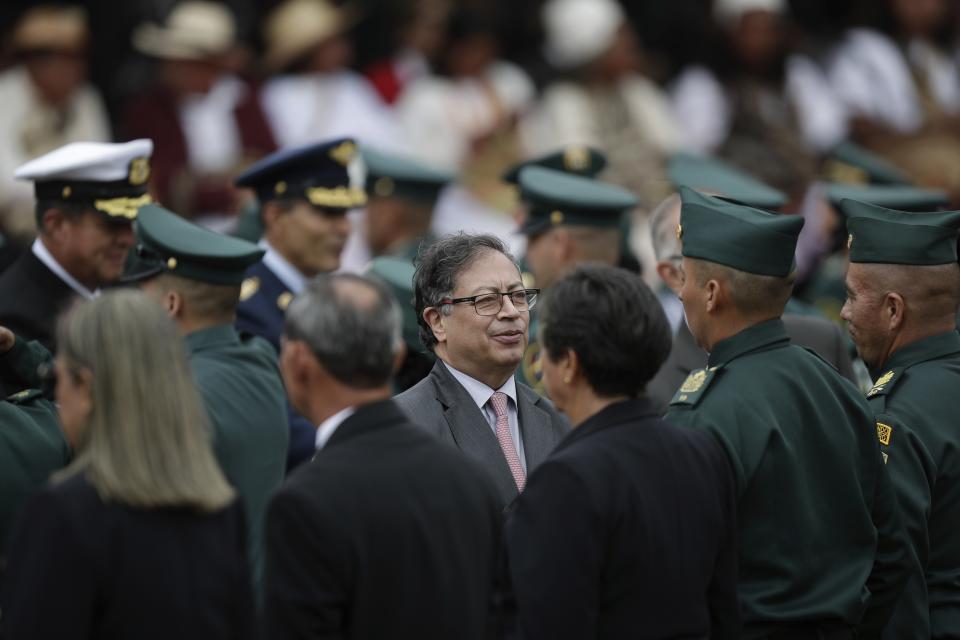 Colombia's President Gustavo Petro attends a ceremony commemorating the battle of Boyaca that sealed Colombia's independence from Spain, in Puente de Boyaca, Colombia, Monday, Aug. 7, 2023. Petro is marking his first year in office, days after his son was charged for alleged illicit enrichment and money laundering in connection with his 2022 campaign funding. (AP Photo/Ivan Valencia)