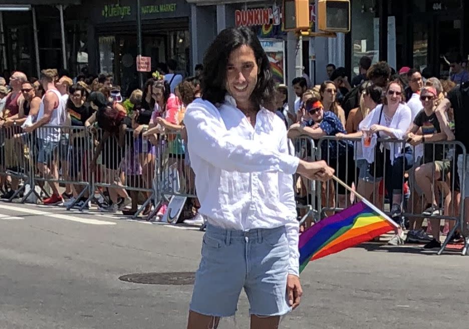 Amin Dzhabrailov celebrates World Pride in New York City in 2019. (Photo: Courtesy of Rainbow Railroad)