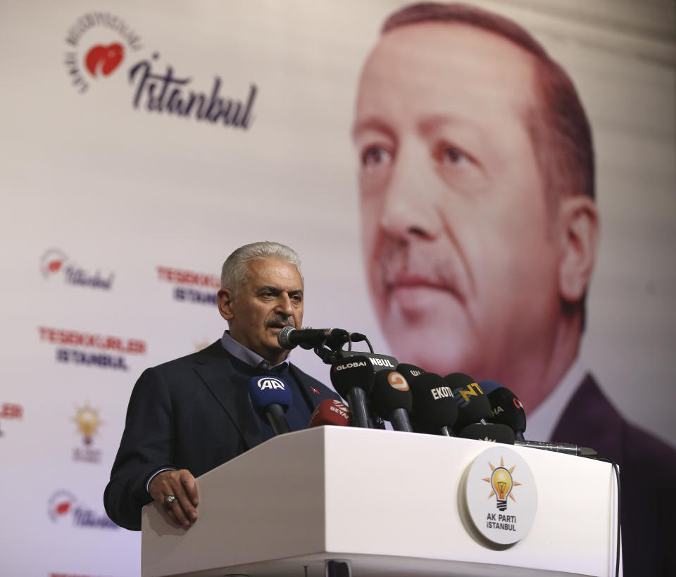 Binali Yildirim , former prime minister and AKP mayoral candidate for Istanbul, gives a statement in Istanbul, Sunday, March 31, 2019. President Recep Tayyip Erdogan's ruling party is leading in Sunday's municipal elections that he has depicted as a fight for Turkey's survival, but may lose control of the capital in the vote that is seen as a test of his support amid a sharp economic downturn. (AP Photo/Emrah Gurel)