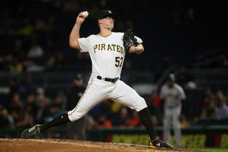FILE PHOTO: Apr 19, 2019; Pittsburgh, PA, USA; Pittsburgh Pirates relief pitcher Nick Burdi (57) pitches against the San Francisco Giants during the eighth inning at PNC Park. Pittsburgh won 4-1. Mandatory Credit: Charles LeClaire-USA TODAY Sports