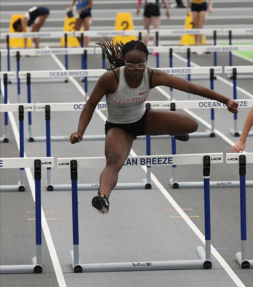 Dami Modupe from North Rockland competes in the girls 55 meter hurdles during the New York State Indoor Track and Field Championships, at the Ocean Breeze Athletic Complex on Staten Island, March 4, 2023. 