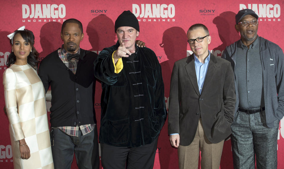 US actress Kerry Washington, from left, US actor Jamie Foxx, US movie director Quentin Tarantino, Austrian born actor Christoph Waltz and US actor Samuel L. Jackson pose during a photo call ahead of tonight's premiere of the movie "Django Unchained" in Berlin, Germany, Tuesday, Jan. 8, 2013. (AP Photo/dapd, Clemens Bilan)