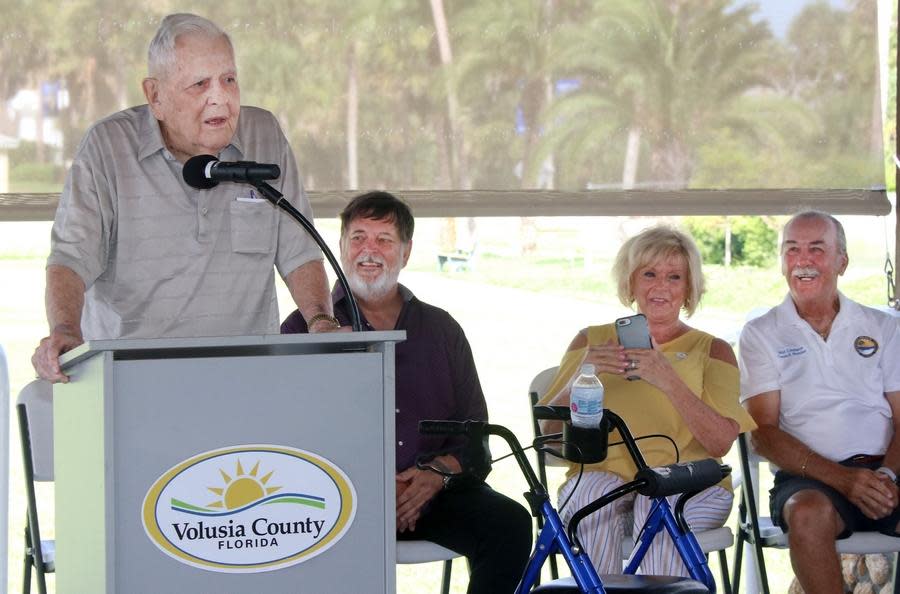 Ed Peck Sr. speaks at the dedication ceremony for Edwin W. Peck Sr. Park in Daytona Beach Shores. The ceremony marked Peck's 101st birthday on June 21, 2019.  Two years later, Peck is receiving his COVID-19 vaccination.