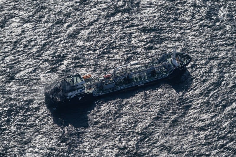 An aerial view of the burning coastal tanker "Annika" in the Baltic Sea. The 73 meter long oil and chemical tanker "Annika" is on fire in the Baltic Sea off the coast of northeastern Germany, Germany's Maritime Search and Rescue Service said Friday. Hannes P Albert/dpa