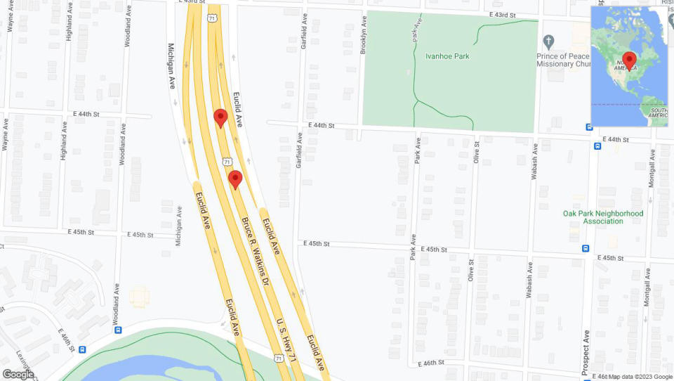 A detailed map that shows the affected road due to 'Broken down vehicle on northbound the Bruce R Watkins Expressway/US-71 in Kansas City' on December 15th at 1:34 p.m.