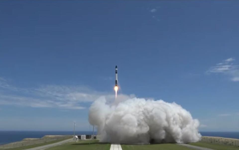 A Rocket Lab Electron booster launches on the company's second test flight, called "Still Testing," from the company's Māhia Peninsula launch site in New Zealand on Jan. 21, 2018 local time. The Electron rocket carried three small satellites into orbit for Rocket Lab customers. <cite>Rocket Lab</cite>