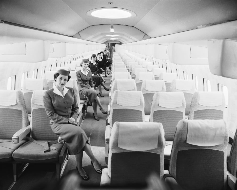 Gracing a&nbsp;luxurious mock-up of the Boeing Jet Stratoliner are a group of airline stewardesses. The half-million dollar mock-up was the first such jet transport interior to be completed in America.