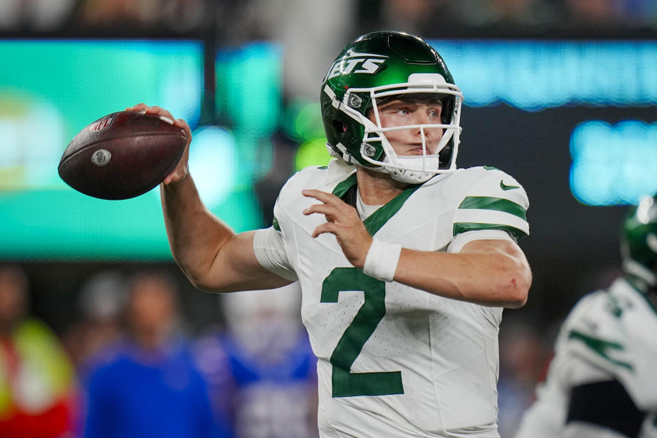 FILE - New York Jets quarterback Zach Wilson (2) passes the ball during an NFL football game against the Buffalo Bills, Monday, Sept. 11, 2023, in East Rutherford, N.J. Dak Prescott and the Dallas Cowboys expected to see old nemesis Aaron Rodgers with the New York Jets in their home opener. Instead it will be Zach Wilson after Rodgers tore his left Achilles tendon four snaps into his Jets debut in the season opener. (AP Photo/Rusty Jones, File)