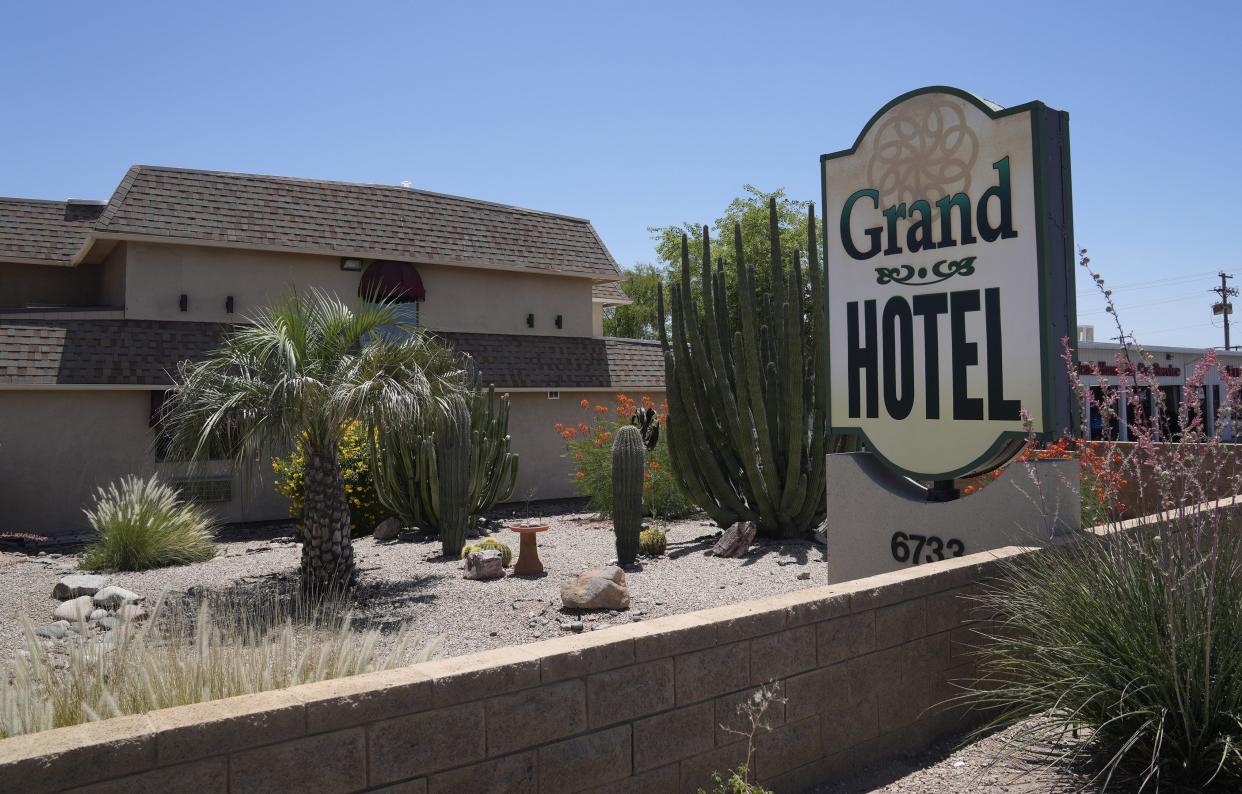 Jun 6, 2023; Mesa, Arizona, USA;  Exterior of the Grand Hotel at 6733 E Main Street in Mesa. The Mesa City Council voted in May to buy the Grand Hotel for $7.4 million so that the building could be used for transitional housing.