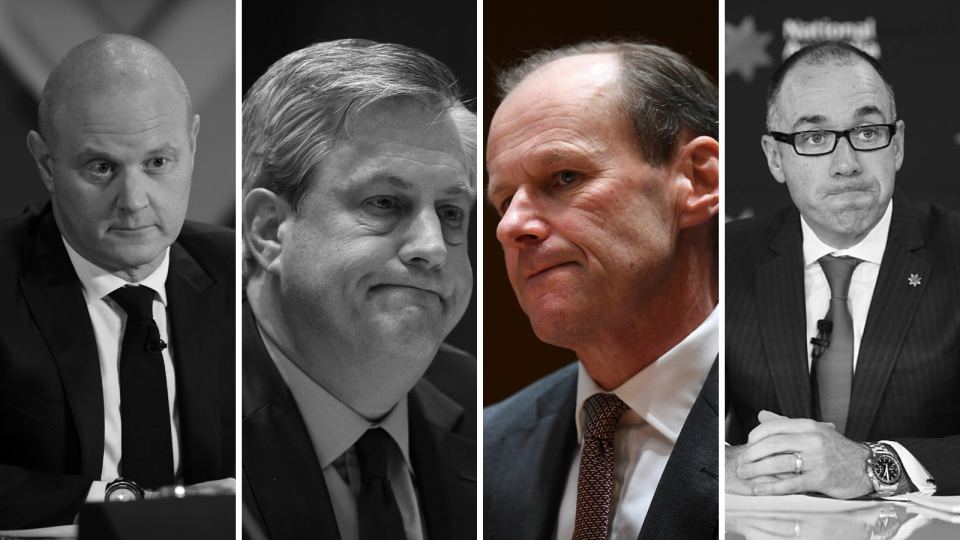 Left to right: Former CBA CEO Ian Narev; Westpac CEO Brian Hartzer stepped down yesterday; current ANZ CEO Shayne Elliott; and former NAB CEO Anthony Thorburn.