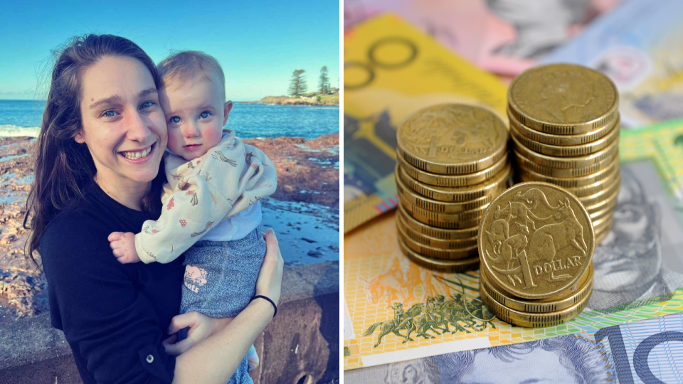 A composite image of Leah and her baby and money to represent increased childcare prices.